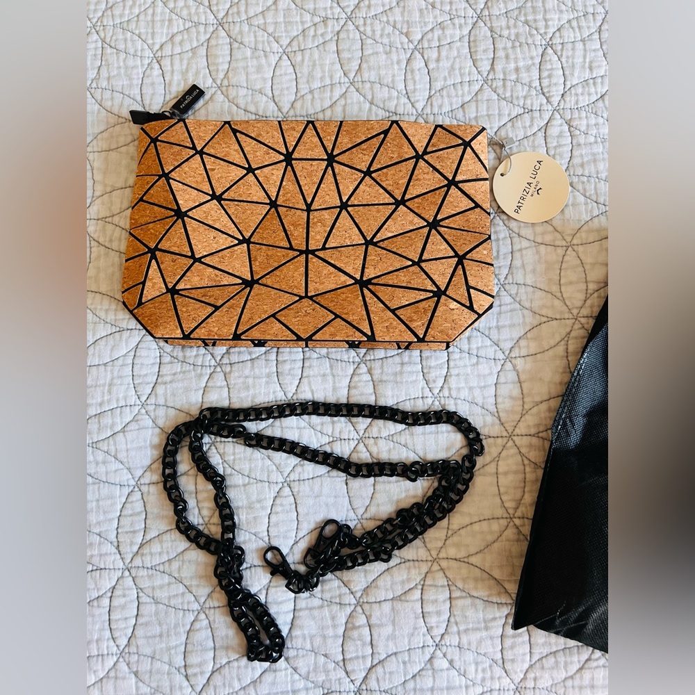 Patrizia Luca Cork Clutch with Black Geometric Design. Slanted triangle NWT